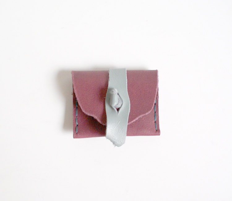 Square Business Card Case in Grape Leather with Dark and Light Slate Blue Detail