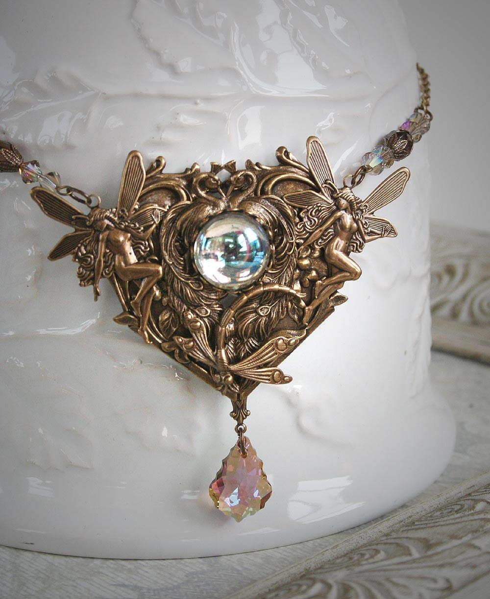 TRUE LOVE romantic vintage Victorian fantasy fairy, bird and dragonfly necklace, free gift boxing