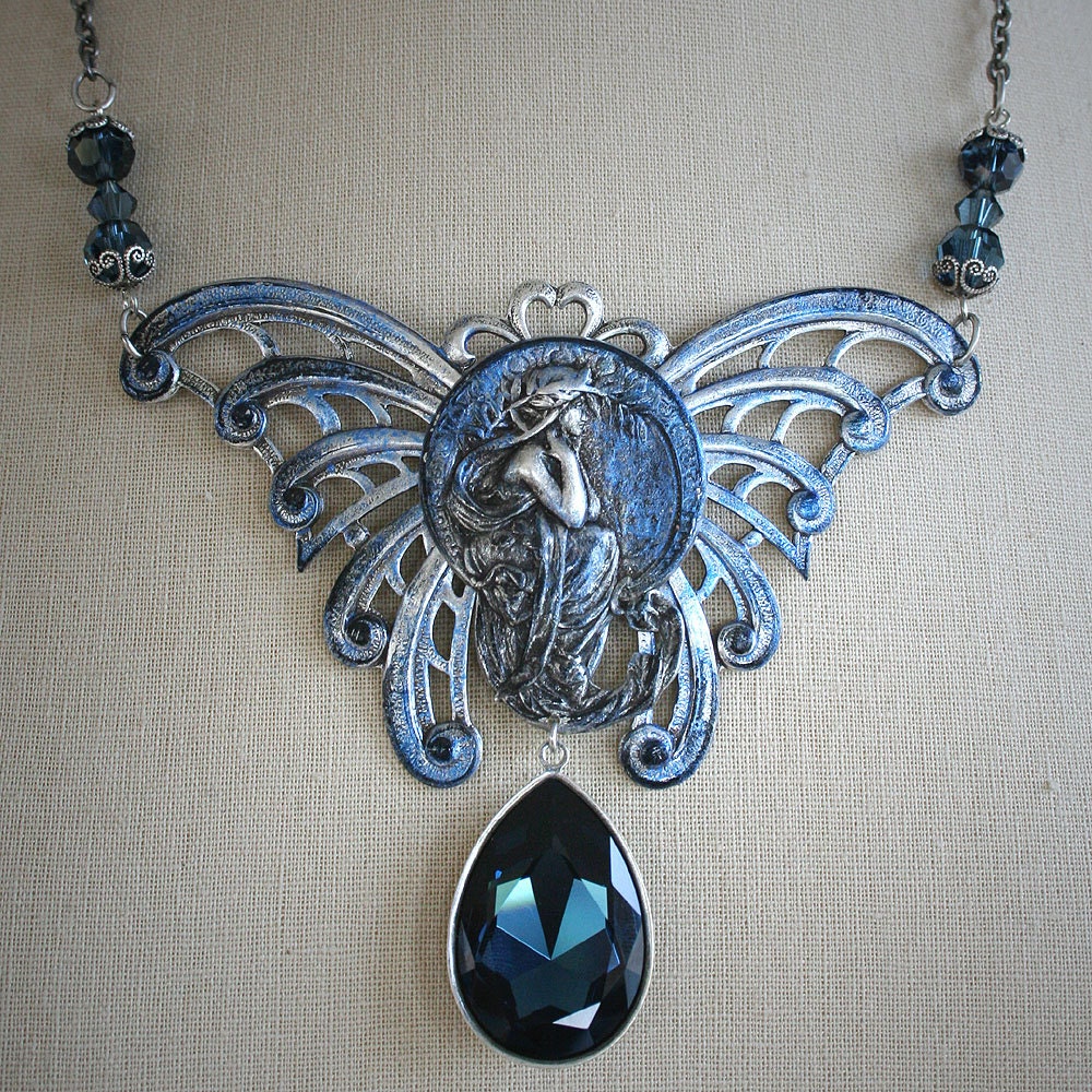 MIDNIGHT DREAMING romantic vintage fantasy inspired aged silver butterfly fairy art nouveau necklace, free earrings