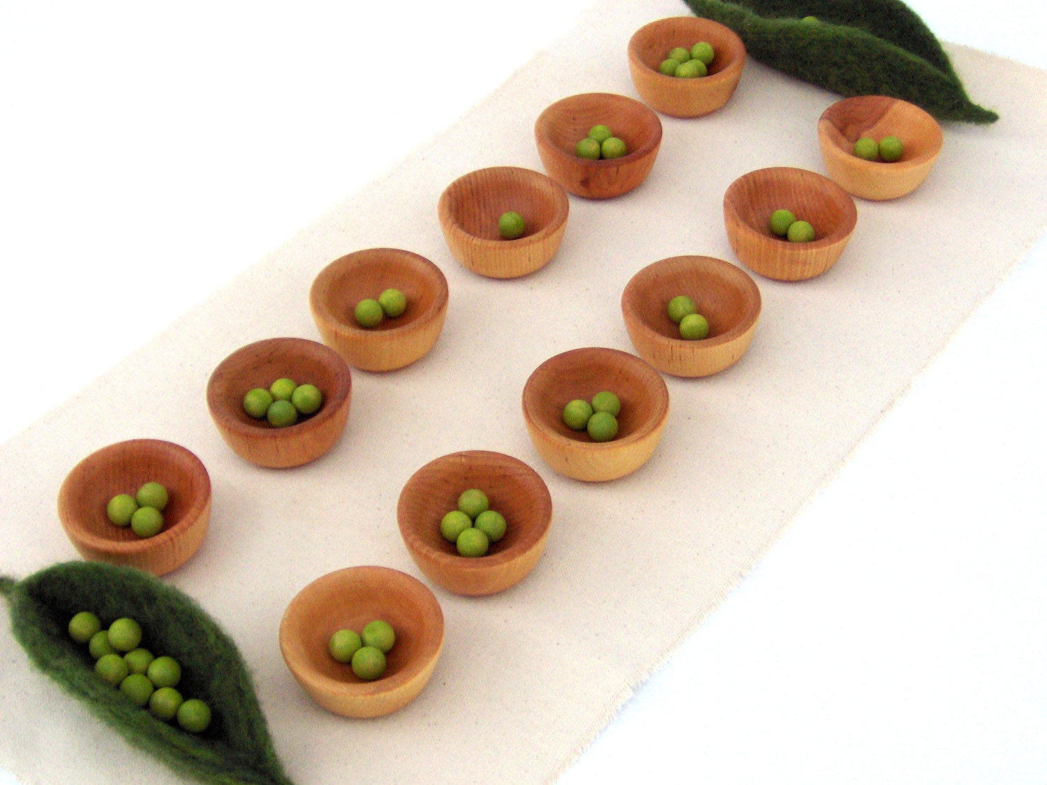 Peas in a pod mancala game and craft kit - wood, wool, and cotton - wooden pea edition