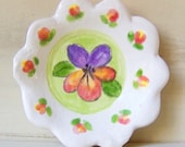 Tiny Porcelain Dish with Purple, Yellow, Pink and Green Flowers - Handbuilt and painted in English Staffordshire Style