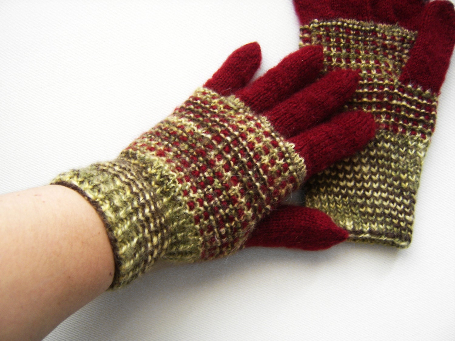 Hand Knitted Gloves - Red and Green, Size Medium
