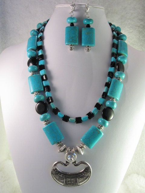Sale, Turquoise, Black Agate, Silver Pendant Necklace Earrings Set, Handmade Handcrafted Beaded Jewelry, Genuine Natural Gemstones