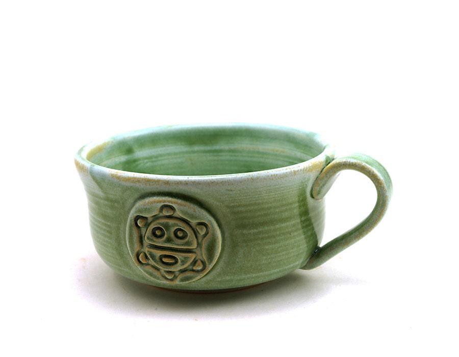 Soup Mug with a Taino Sun aka Sol de Jayuya: Large Green Mug for Soup or Cafe au Lait by MiriHardyPottery