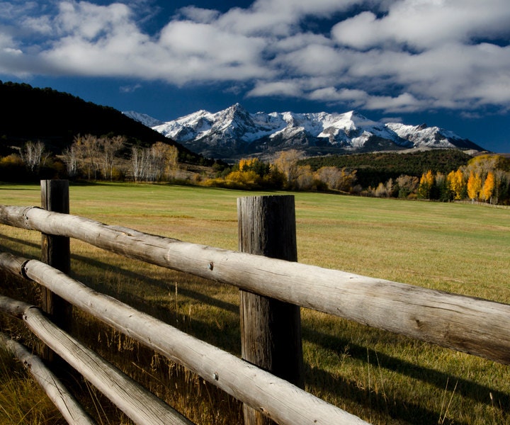 pasture wood fence fall colors snow covered mountains Colorado landscape photograph print 20x24
