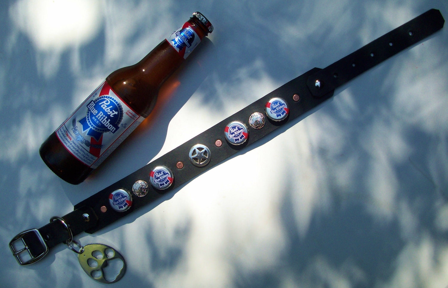 Pabst Blue Ribbon Beer Cap Leather dog collar with paw shaped bottle opener. Free Pabst Keychain.