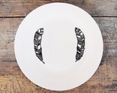Twin Feather Plate - Hand Illustrated, black and white