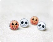 Halloween earrings set - Jack Skellington pumpkin jewelry - Nightmare Before Christmas - Boo, orange - small earrings - Free shipping - SecretFind