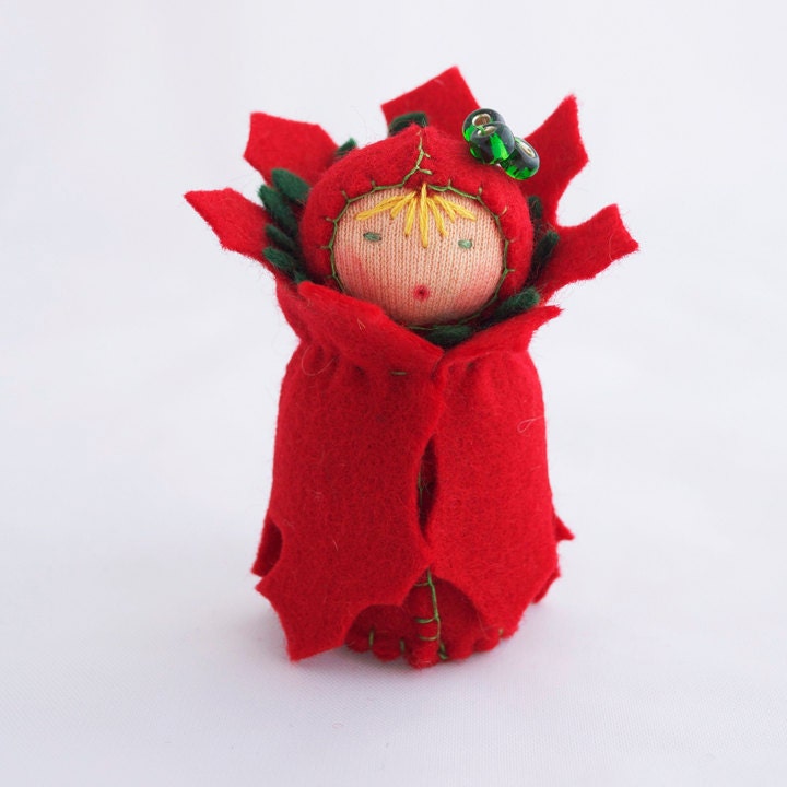 Christmas Felt Ornaments - Miniature Dolls - Green Red White Flower Decor