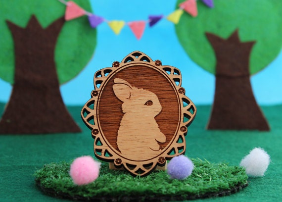 Wood laser cut brooch Adorable and cute little bunny rabbit cameo