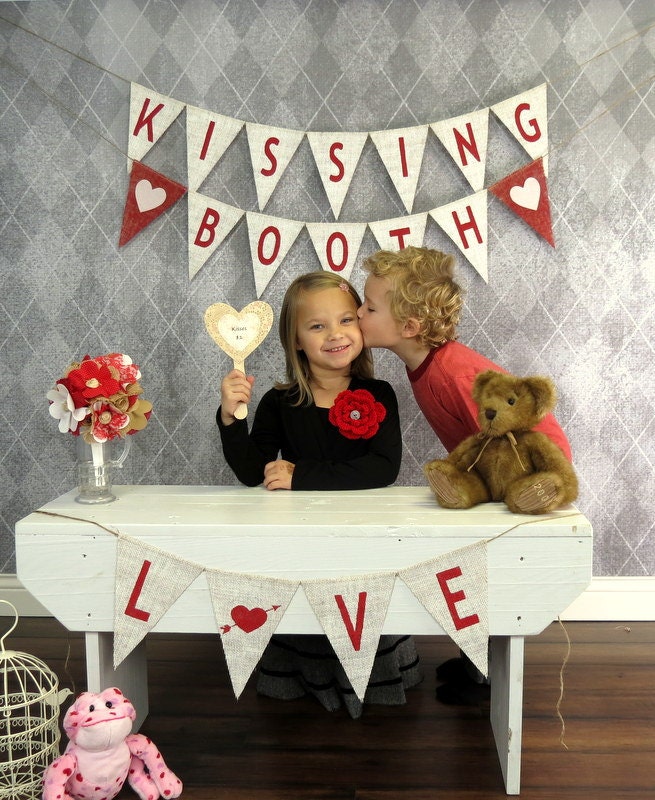 Valentine's Day Photography Prop KISSING BOOTH Burlap Banner