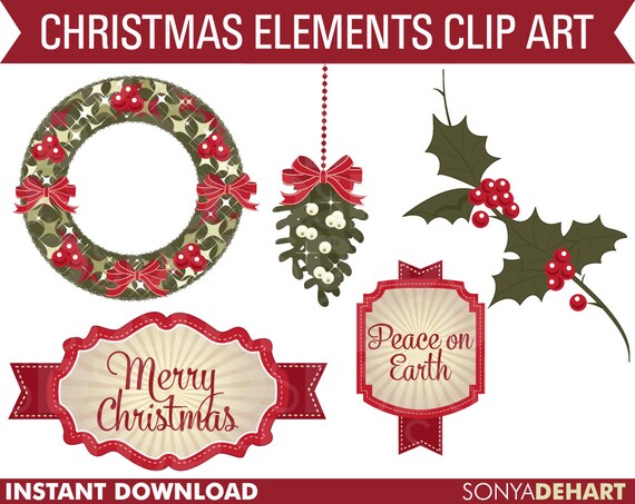 Christmas Wreath Tag Mistletoe Holly Clip Art Set Instant Download Il_570xn