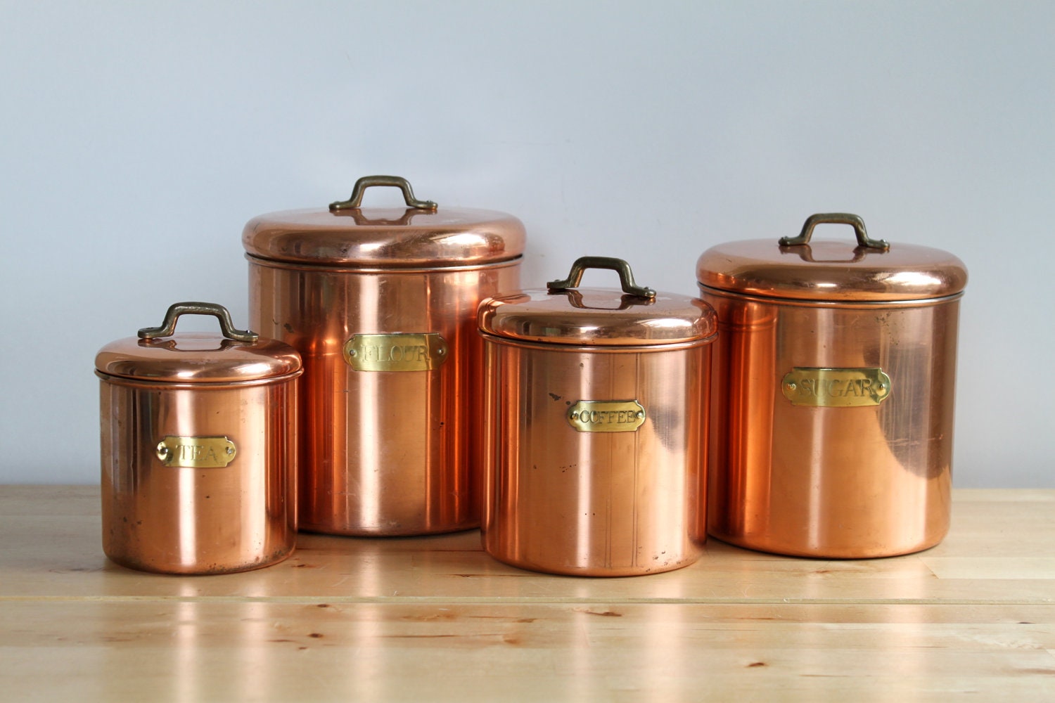 Vintage Copper Canisters - Shabby Chic Metal Canister Set with Brass Label Name Plates (Set of 4)