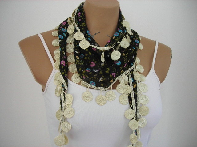 Womens Scarf Black Flowered Cotton Scarf Summer Fashion Blue Pink Green Yellow
