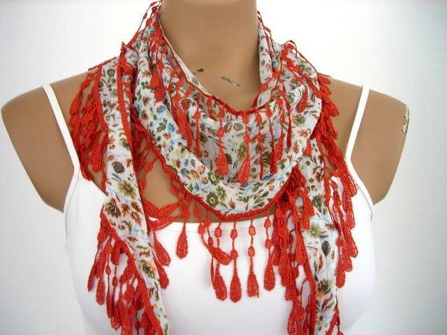 Flowered Cotton Woman Scarf Cowl Shawl Orange Blue Green Salmon