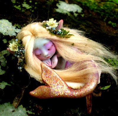 Cute & Tiny Mermaid Fairy in Shell by Celia Anne Harris OOAK - Made to Order