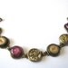 Antique button bracelet, 1800s brass mirrorback & china buttons, hot pink glass