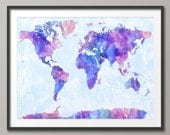 Map of the World Map Watercolor Painting, Art Print, 18x24 inch (143)