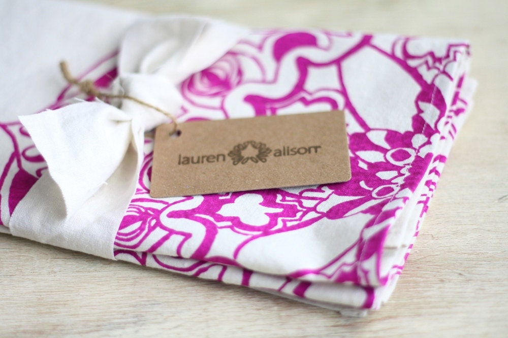 Tea Towel Moroccan Purple Fuchsia Kitchen Dish Cloth Linen Screen Print Hand-Printed Hostess Gift Single Towel