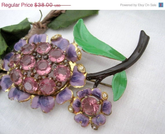 Vintage Lavender  Purple Rhinestone Enamel Flower Brooch