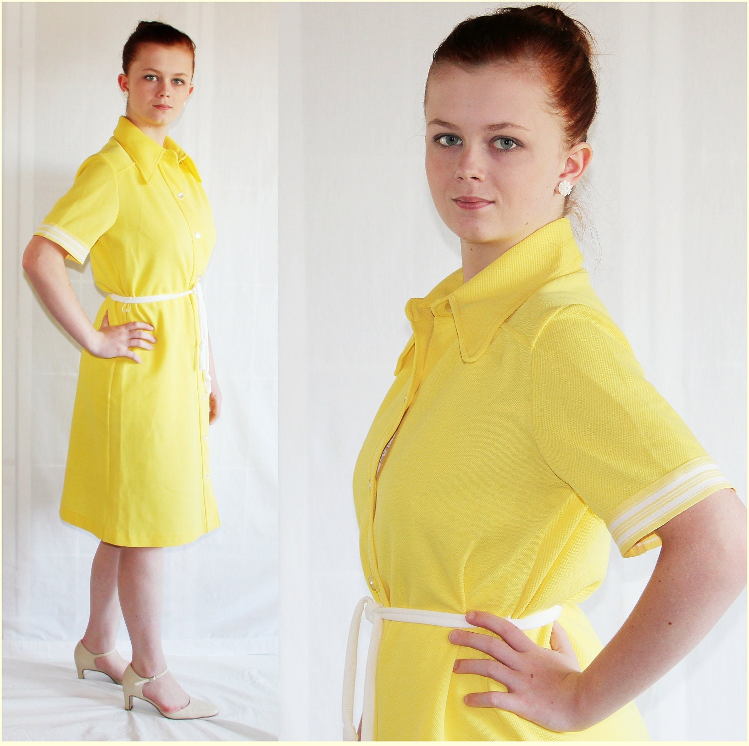 Vintage 70s Dress / Mod / Office / Yellow / Shift Dress / Americana Knitting Mills / Retro