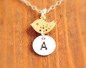 Baby Initial Necklace - mother necklace, mom necklace, handstamped, personalized jewelry, gold bird necklace