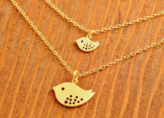 Mother and Daughter Necklace - double necklace, gold bird necklace, mom necklace, daughter necklace, pair necklace