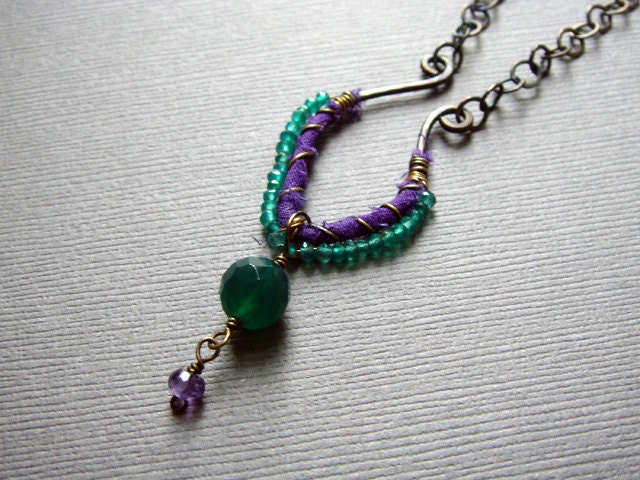 Green Agate and Purple Fabric-Wrapped Pendant with Brass Oxidized Chain and Handmade Clasp