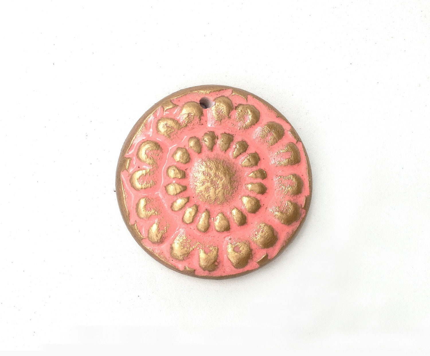 Golden Coral Bloom Polymer Clay Pendant