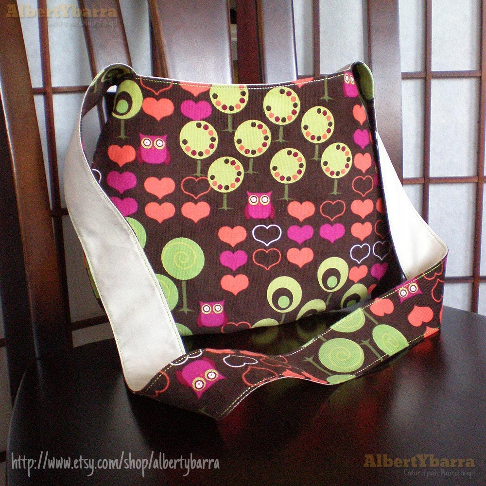 Brown Corduroy Purse. Cute Owl, Heart, and Tree Patterned. Handmade and Lightweight.