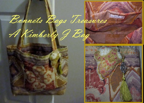 Canvas Tote Bag Aztec design burnt orange gold tans Medium size with removable cushion brooch matching inside pocket and lining.
