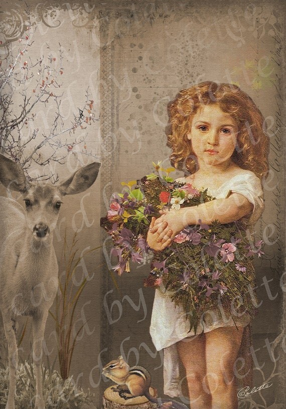 Storybook Pages Girl Collecting Flowers Digital Collage Greeting Card