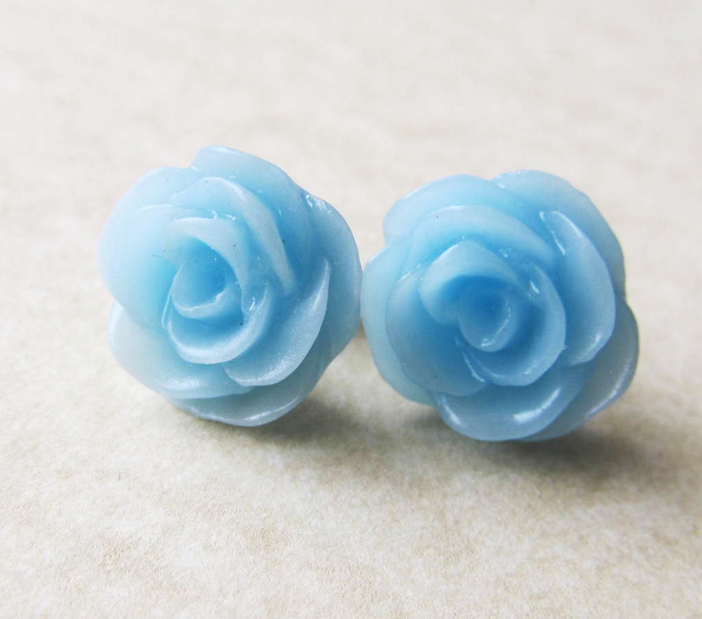 Post Stud Earrings - Sky Blue Resin Rose Flowers - Sterling Silver Plated Posts