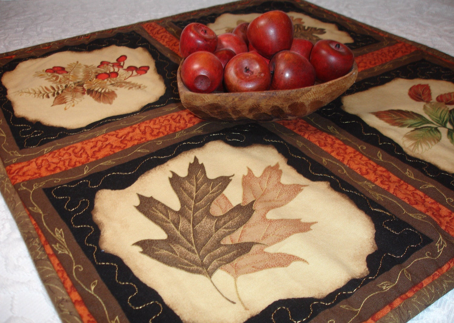 Fall Leaves Table Runner Quilt Table Topper Centerpiece - Brown, Gold, Black, Orange - Leaves