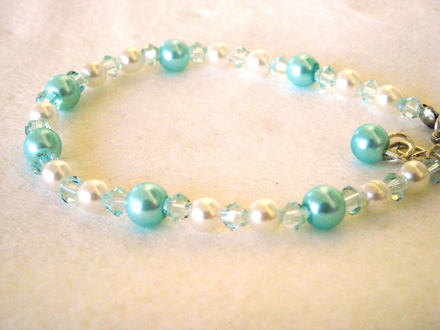Aqua/Teal and White Pearl Swarovski Crystal Bracelet/ Bridal/ Bridesmaid/ Mother of the Bride/ Summer Wedding