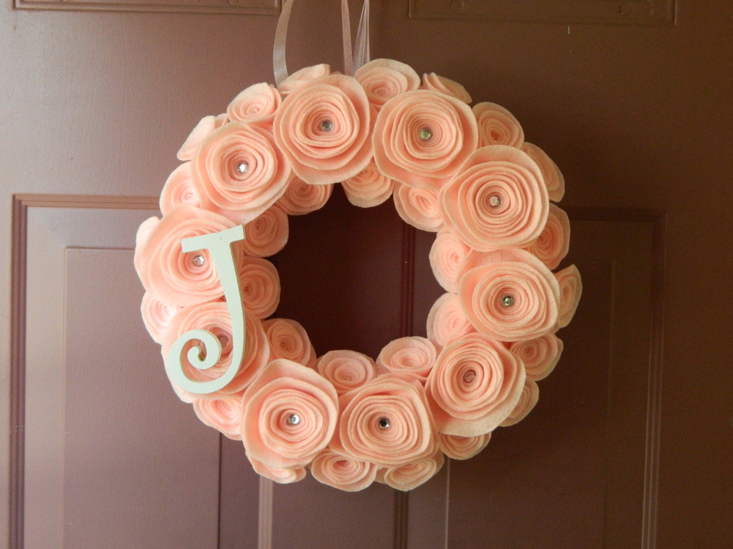 Baby Wreath - Pink Wreath - Felt Wreath in Baby Pink with Crystals and Initial Letter 14 inch