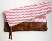 The Windward -  Canvas & Leather - Fold Over Clutch - Pink Ticking Stripe