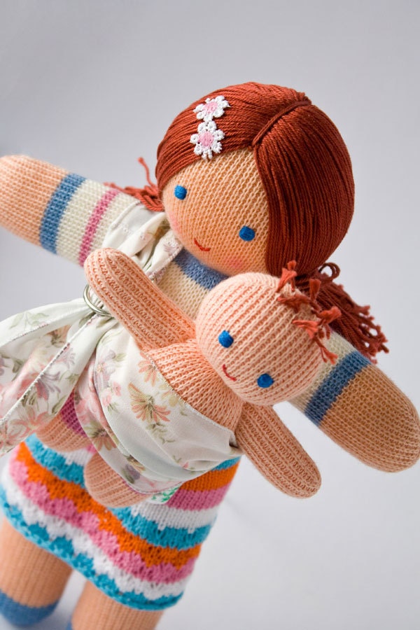 Babywearing Mommy Doll with a Baby Doll - knitted play dolls, attachment parenting, maternity, waldorf, baby sling