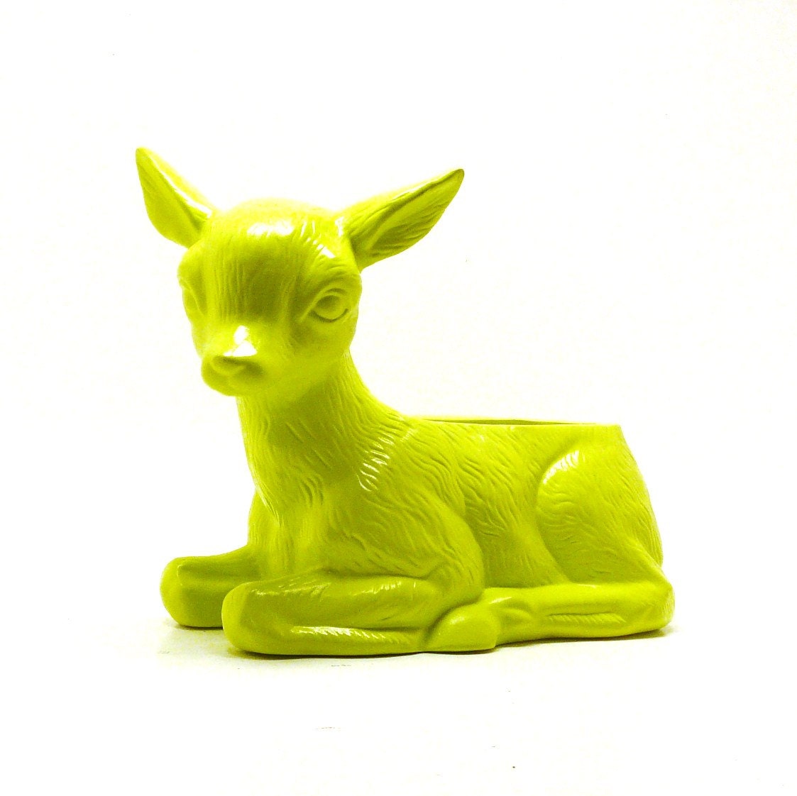 neon lime green deer ceramic planter // kitschy upcycled planters, garden, woodland home accents, patio, nursery, summer, mod, gardening
