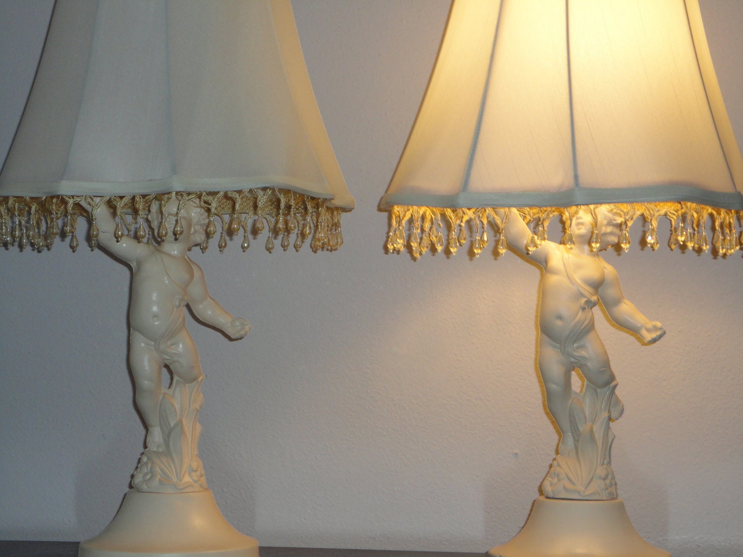 2 Lamps -PAIR of Antique Figural Cherub Lamps Beaded Shade Swarovski Crystal Lamp Finials