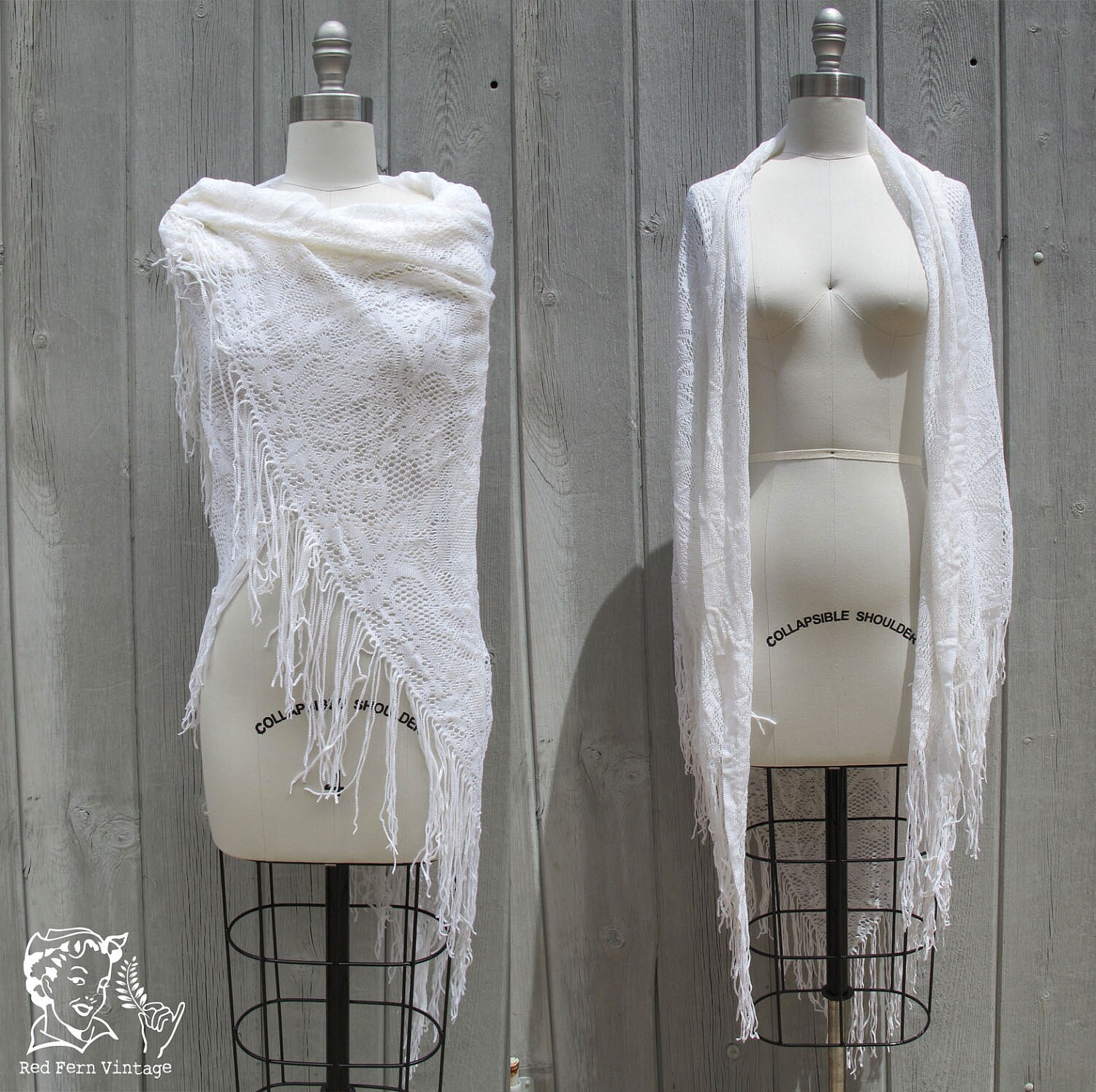 Vintage Large White Triangle Shawl with Fringe