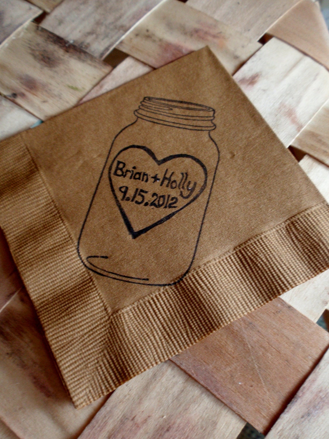 Rustic Personalized Burlap Brown Mason Jar Wedding Dinner Napkins with Large Heart Couples Names and Wedding Date- set of 150