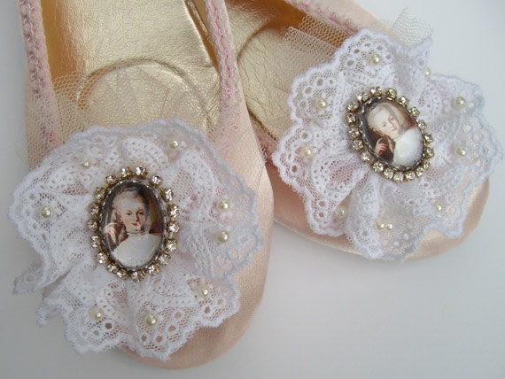 Marie Antoinette wedding ballet pumps in pink satin with cameo and circlet of lace trimmed with diamante and pearls