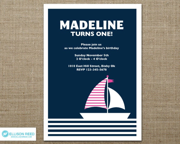 Nautical Invitation - Girl Birthday Invitation - Printable - Baby Shower - Sail Boat Invitation - First birthday - 1st, 2nd, 3rd birthday Il_570xn