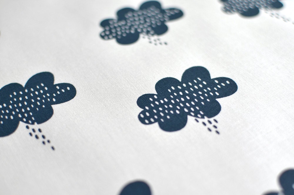 stormy weather in storm on bone handprinted fabric panel dark blue french navy