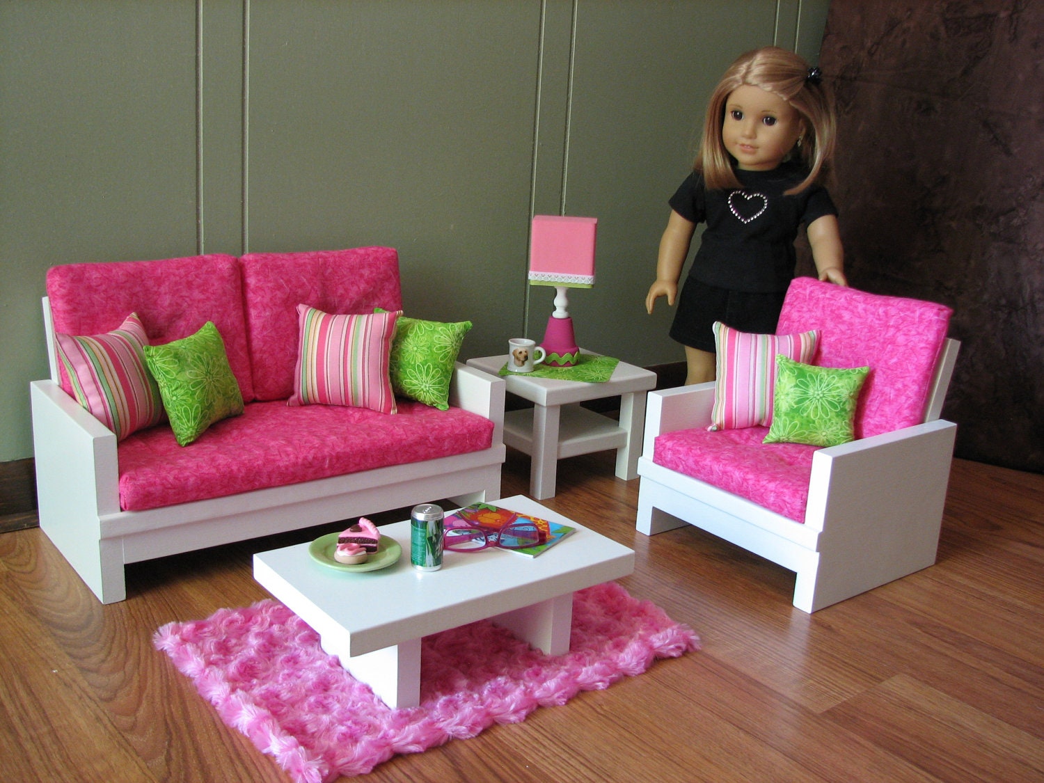 18" Doll Furniture - American Girl sized Living Room - Loveseat / Chair / Coffee Table / End Table / Lamp / Rug - LATE MAY SHIPPING
