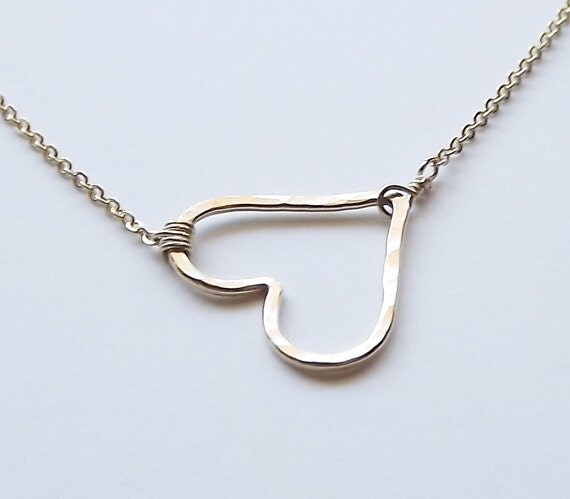 Gold Filled or Sterling Hammered Heart Necklace - Sideways Heart Necklace - Bridesmaid Gifts - Floating Heart Necklace - Love Necklace