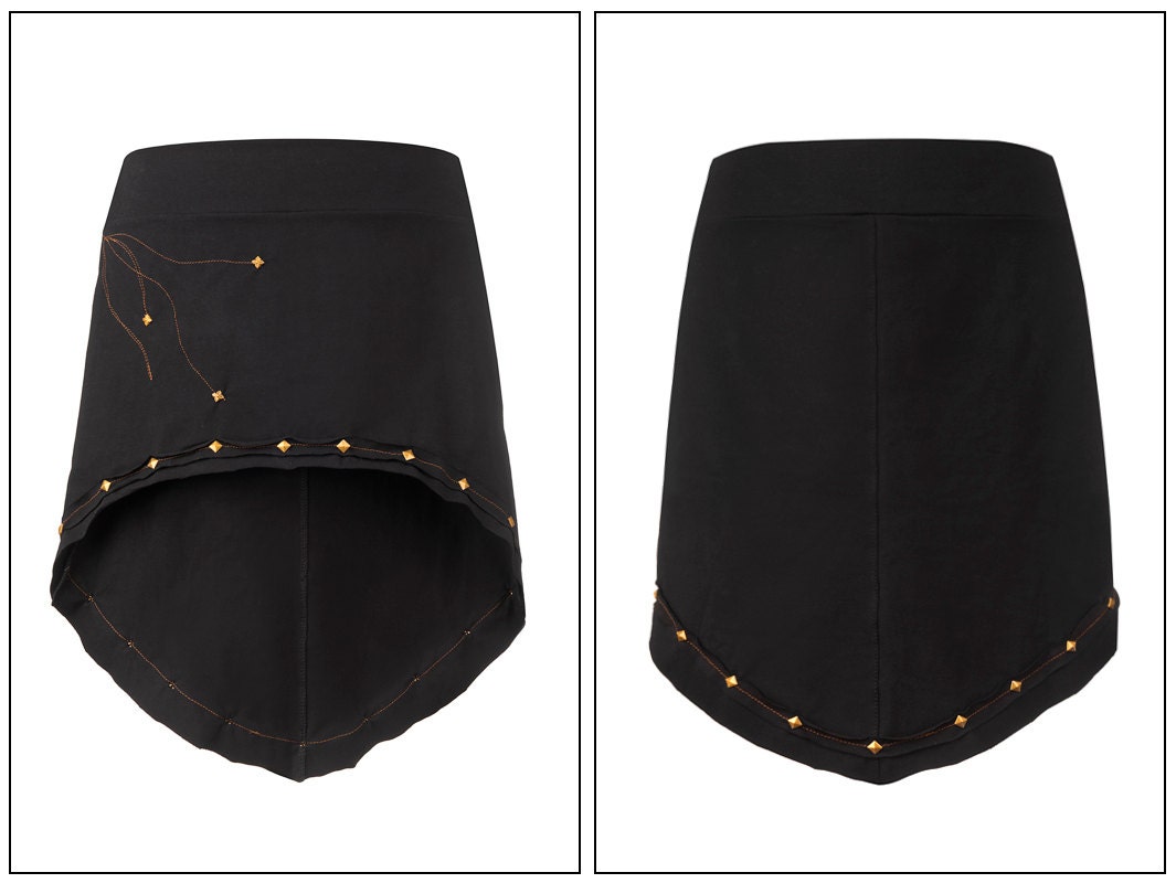 Black Asymmetric Mini Skirt with Brass Studs
