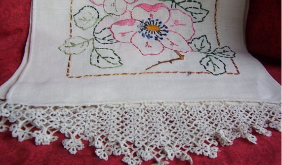 Vintage Embroidery Dresser Scarf with tatting trim