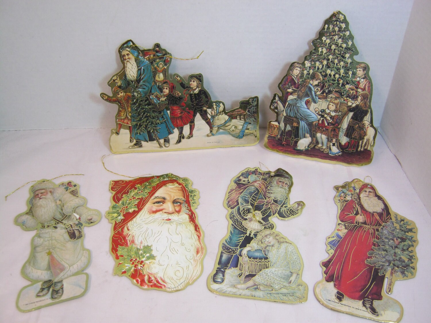 Vintage Father Christmas Ornaments Cardboard 2 Sided